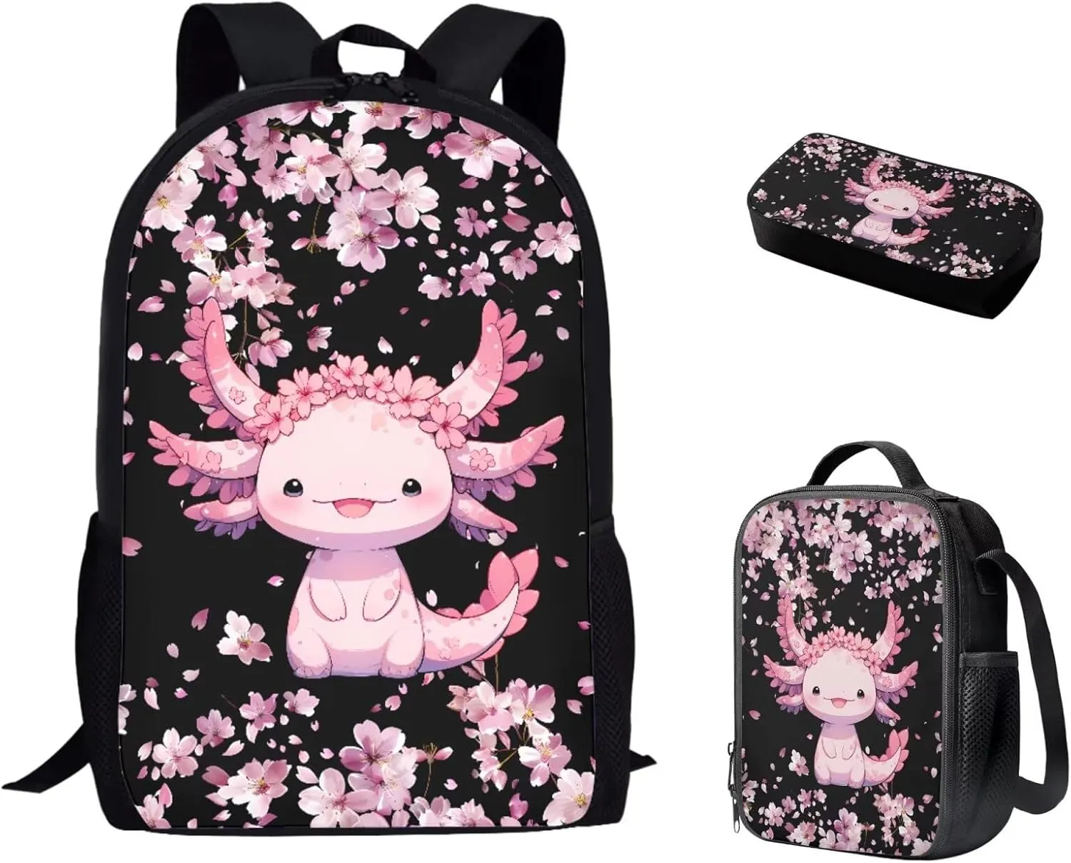 Bulopur Girls Axolotl Backpack with Lunch Box and Pencil Case Set Cherry Blossom Bookbag for Kindergarten Girls Travel Backpack Elementary School Students Book Bag with Laptop Compartment