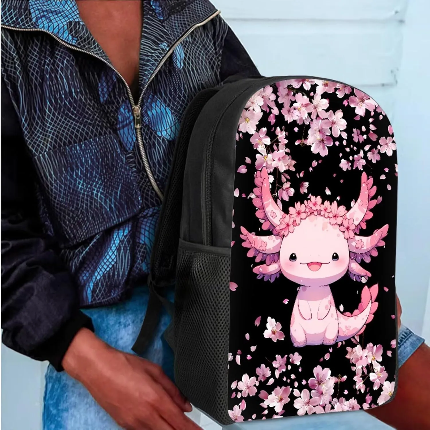 Bulopur Girls Axolotl Backpack with Lunch Box and Pencil Case Set Cherry Blossom Bookbag for Kindergarten Girls Travel Backpack Elementary School Students Book Bag with Laptop Compartment