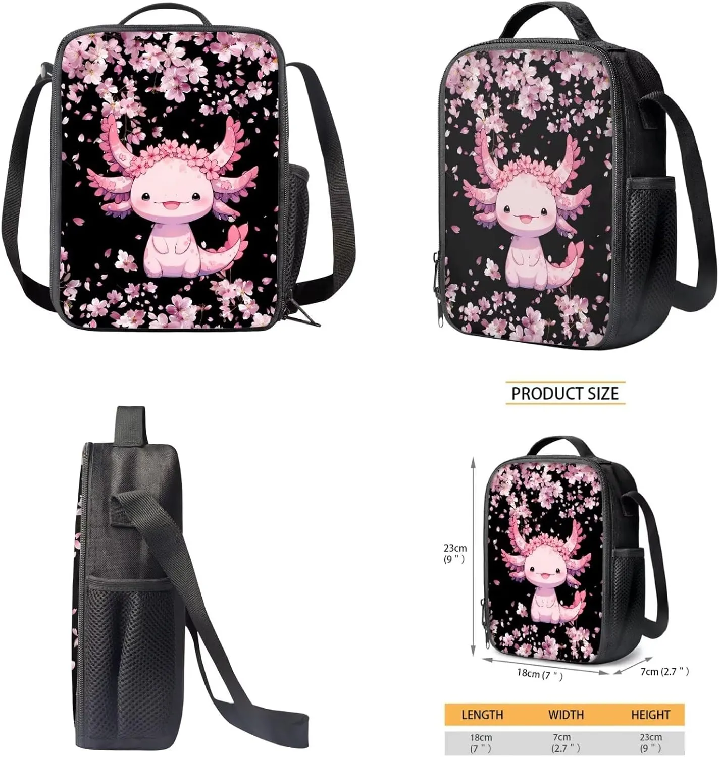 Bulopur Girls Axolotl Backpack with Lunch Box and Pencil Case Set Cherry Blossom Bookbag for Kindergarten Girls Travel Backpack Elementary School Students Book Bag with Laptop Compartment