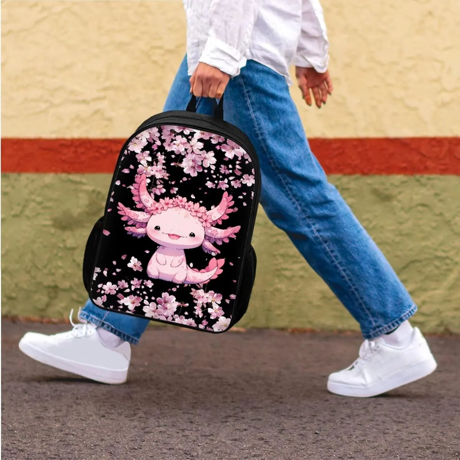 Bulopur Girls Axolotl Backpack with Lunch Box and Pencil Case Set Cherry Blossom Bookbag for Kindergarten Girls Travel Backpack Elementary School Students Book Bag with Laptop Compartment