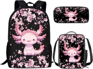 Bulopur Girls Axolotl Backpack with Lunch Box and Pencil Case Set Cherry Blossom Bookbag for Kindergarten Girls Travel Backpack Elementary School Students Book Bag with Laptop Compartment