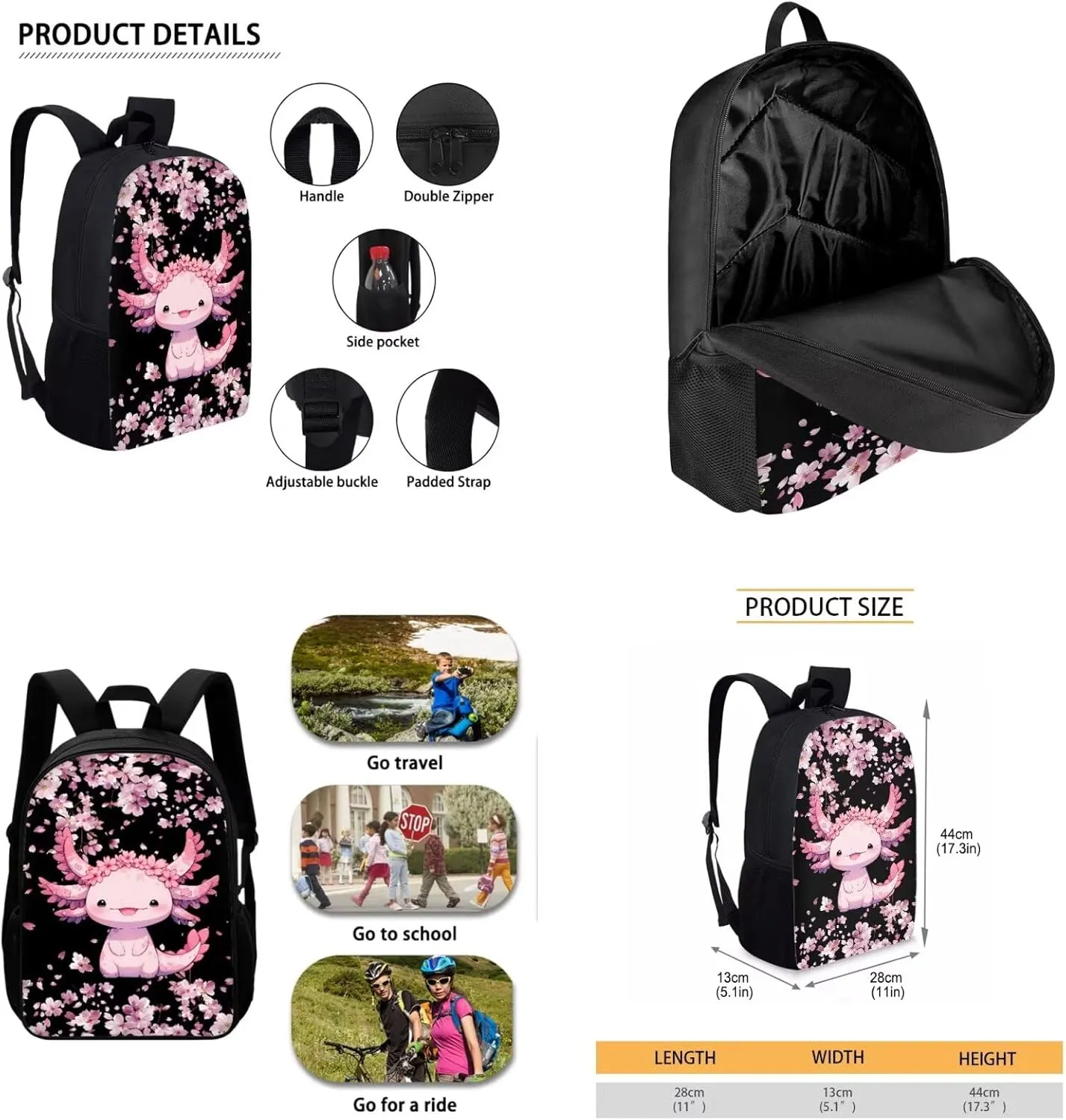 Bulopur Girls Axolotl Backpack with Lunch Box and Pencil Case Set Cherry Blossom Bookbag for Kindergarten Girls Travel Backpack Elementary School Students Book Bag with Laptop Compartment