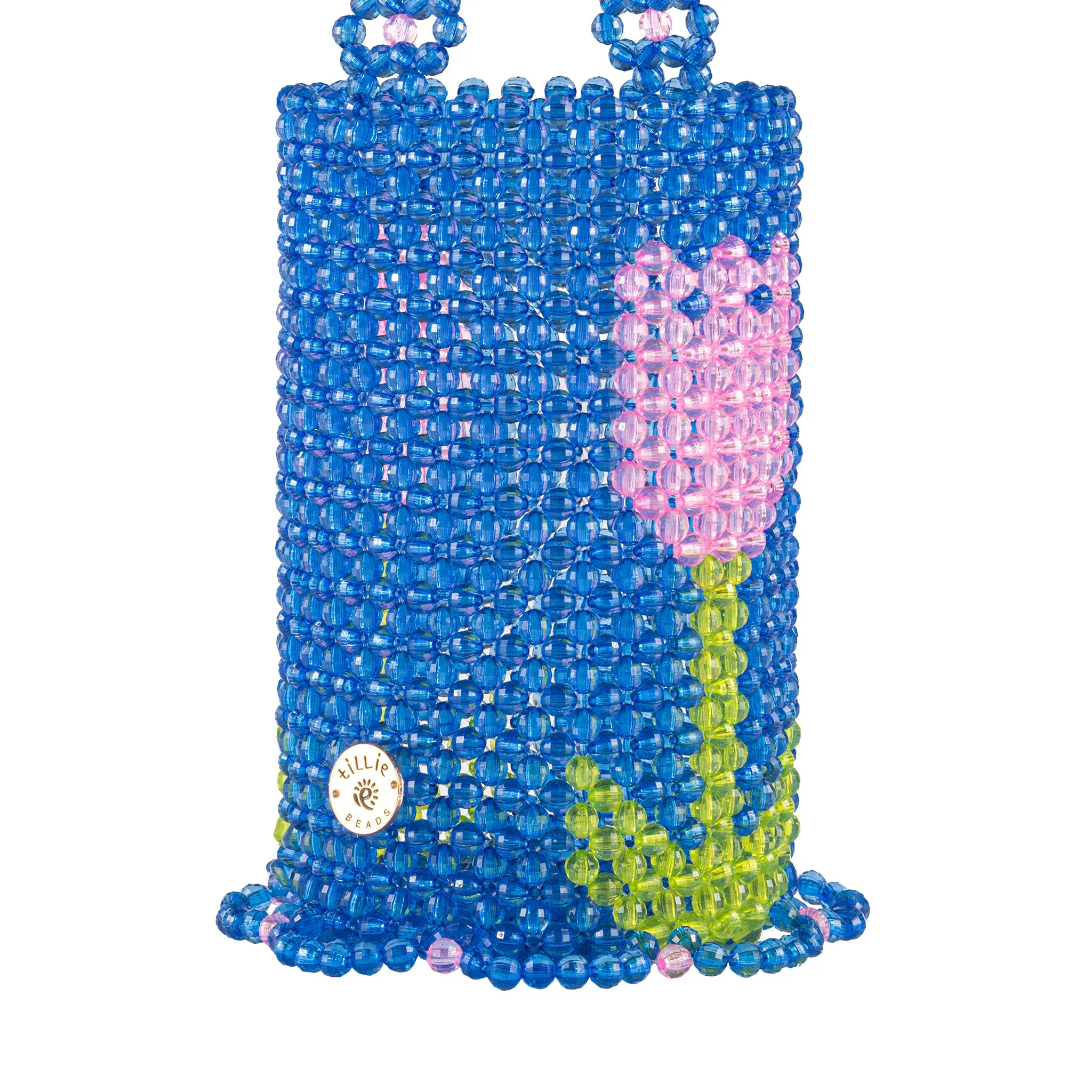 BUNDLE-Blue Bloom Tulip Bucket Bead Bag & Blossom Flat Open Flower Bead Necklace