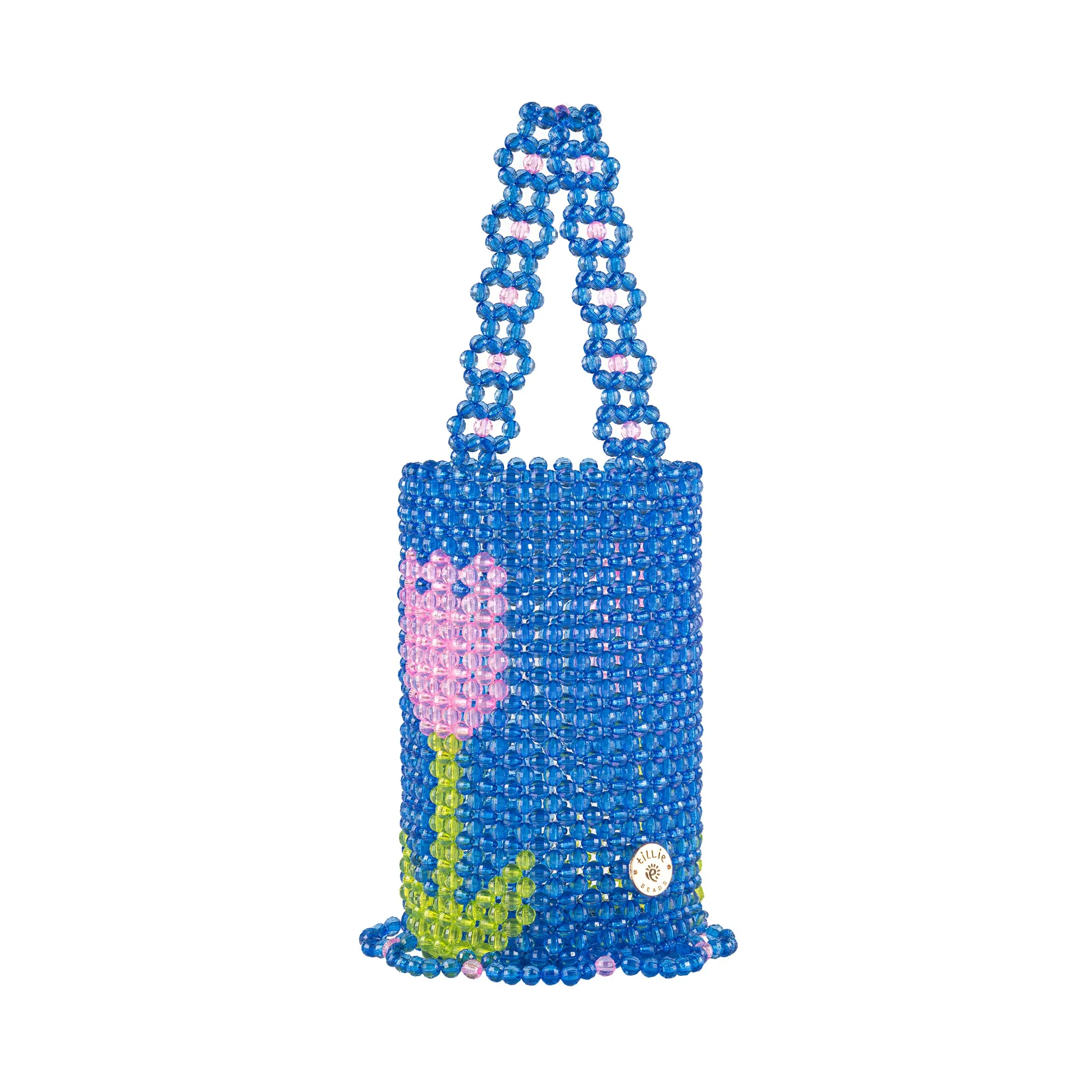 BUNDLE-Blue Bloom Tulip Bucket Bead Bag & Blossom Flat Open Flower Bead Necklace
