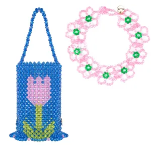 BUNDLE-Blue Bloom Tulip Bucket Bead Bag & Blossom Flat Open Flower Bead Necklace