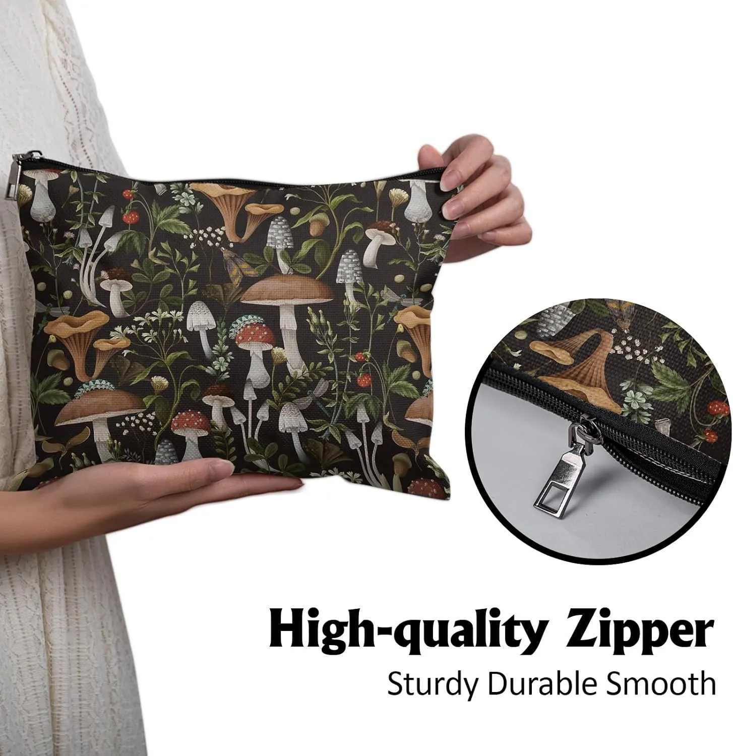 Cafl Fall Mushrooms Makeup Bag Berries Bugs Cosmetic Bag for Women Large Capacity Travel Toiletry Accessories Organizer 10 * 8in
