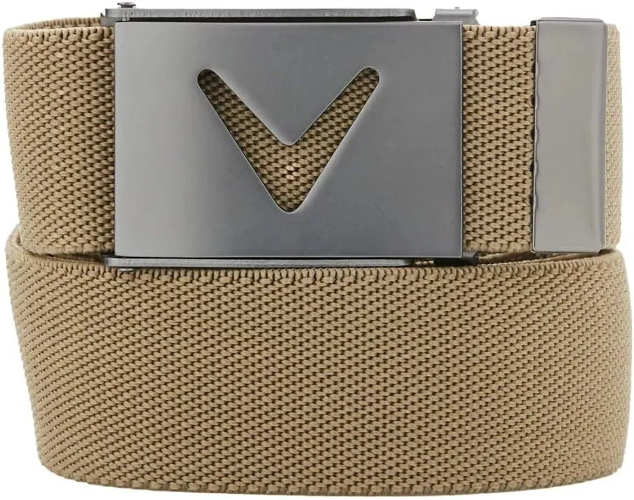 Callaway Men's V-Logo Web Golf Belt, Durable Textured Stretch Material, Metal Tip & Adjustable Buckle, Solid Color