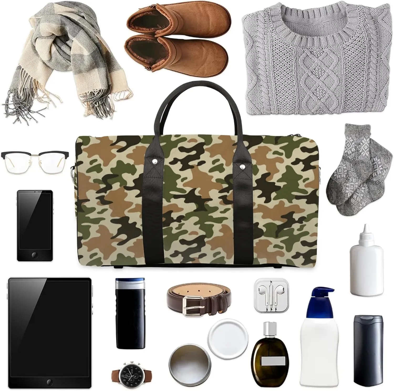 Camo Travel Duffle Bag, Weekender Bags for Women Men Green Brown Carry on Overnight Bag Waterproof Gym Bags, Hospital Bag for Labor and Delivery