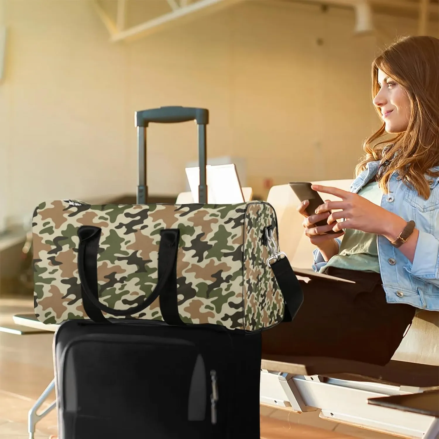 Camo Travel Duffle Bag, Weekender Bags for Women Men Green Brown Carry on Overnight Bag Waterproof Gym Bags, Hospital Bag for Labor and Delivery