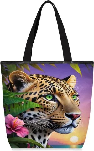 Canvas Tote Bag for Women Men Leopard Tropical Leaves Flower Sunset Canvas Handbag Shoulder Tote Bag with Zipper Closure Reusable Grocery Bag Shopping Cloth Bag with Handles for Beach Gym Picnic Work