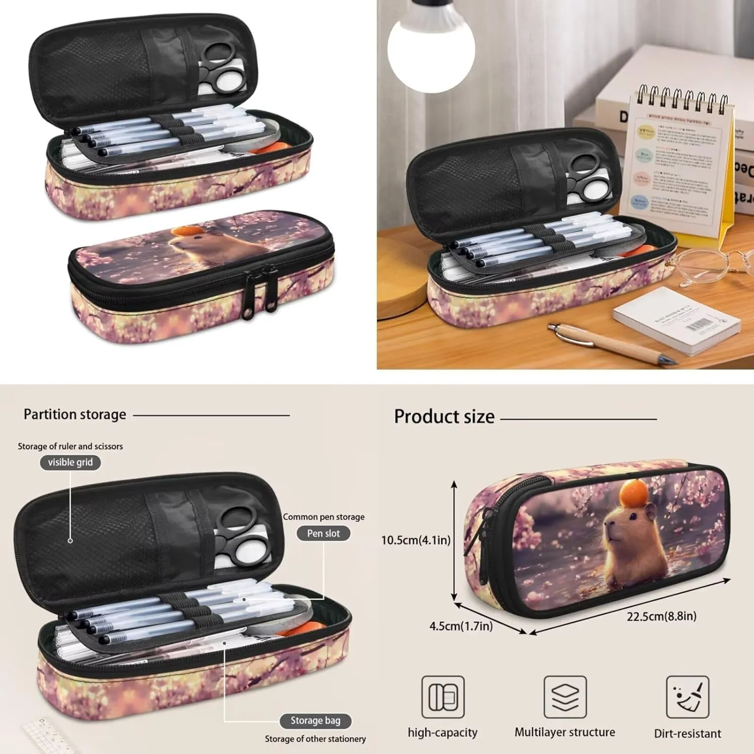 Capybara Bookbag and Lunch Box Set for Girls Cherry Blossom Backpack for Kindergarten Girls 4 in 1 Set for Primary Kids Casual Daypack Tote Bags