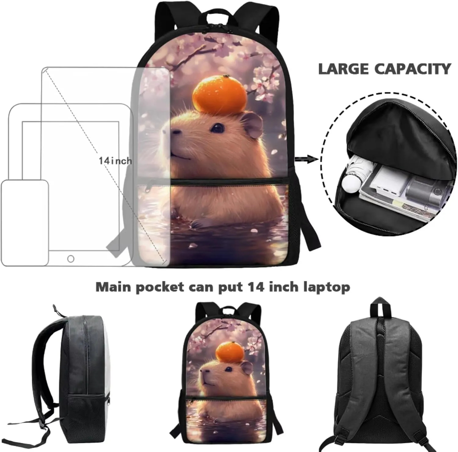 Capybara Bookbag and Lunch Box Set for Girls Cherry Blossom Backpack for Kindergarten Girls 4 in 1 Set for Primary Kids Casual Daypack Tote Bags