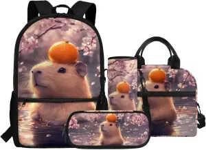 Capybara Bookbag and Lunch Box Set for Girls Cherry Blossom Backpack for Kindergarten Girls 4 in 1 Set for Primary Kids Casual Daypack Tote Bags