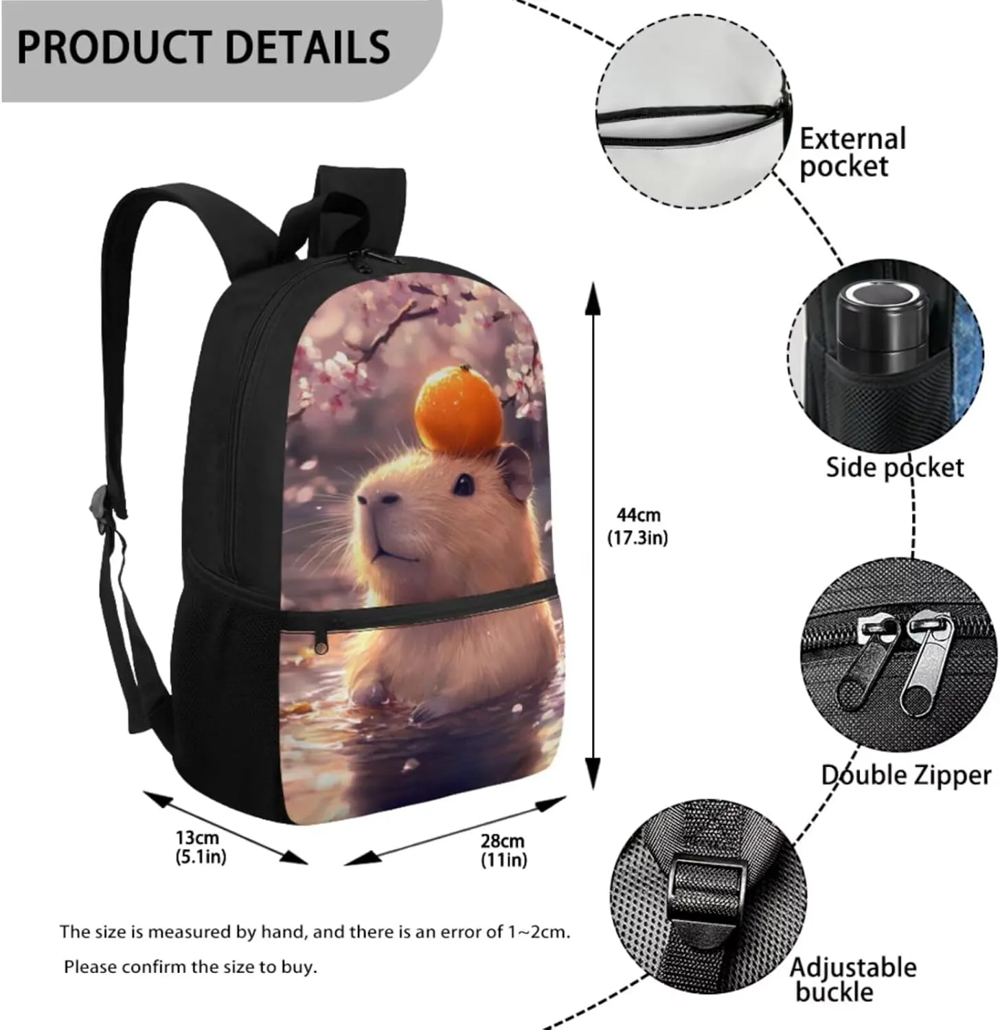 Capybara Bookbag and Lunch Box Set for Girls Cherry Blossom Backpack for Kindergarten Girls 4 in 1 Set for Primary Kids Casual Daypack Tote Bags