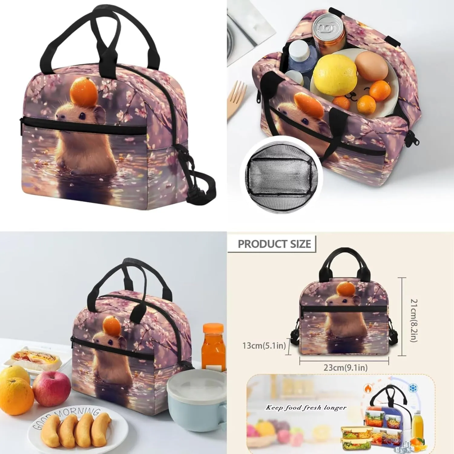 Capybara Bookbag and Lunch Box Set for Girls Cherry Blossom Backpack for Kindergarten Girls 4 in 1 Set for Primary Kids Casual Daypack Tote Bags