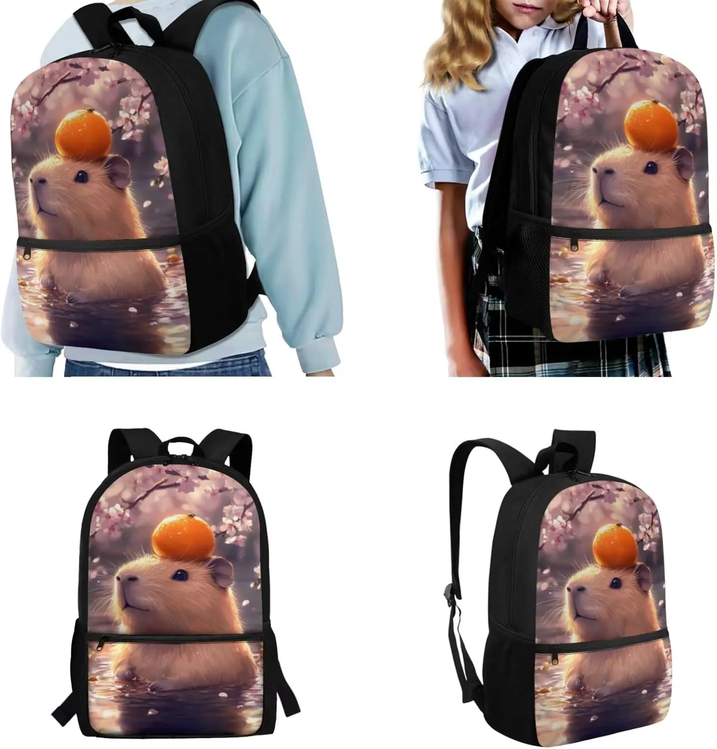 Capybara Bookbag and Lunch Box Set for Girls Cherry Blossom Backpack for Kindergarten Girls 4 in 1 Set for Primary Kids Casual Daypack Tote Bags