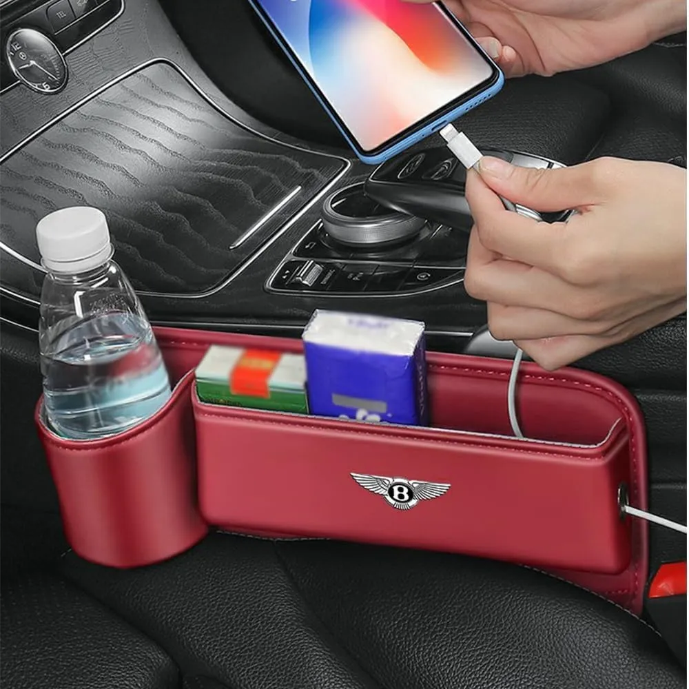 Car Seat Storage Box for Bentley Continental Flying Spur Bentayga Series Car Seat Gap Organizer Seat Side Bag Reserved Charging Cable Hole Car Accessories,Brown-A