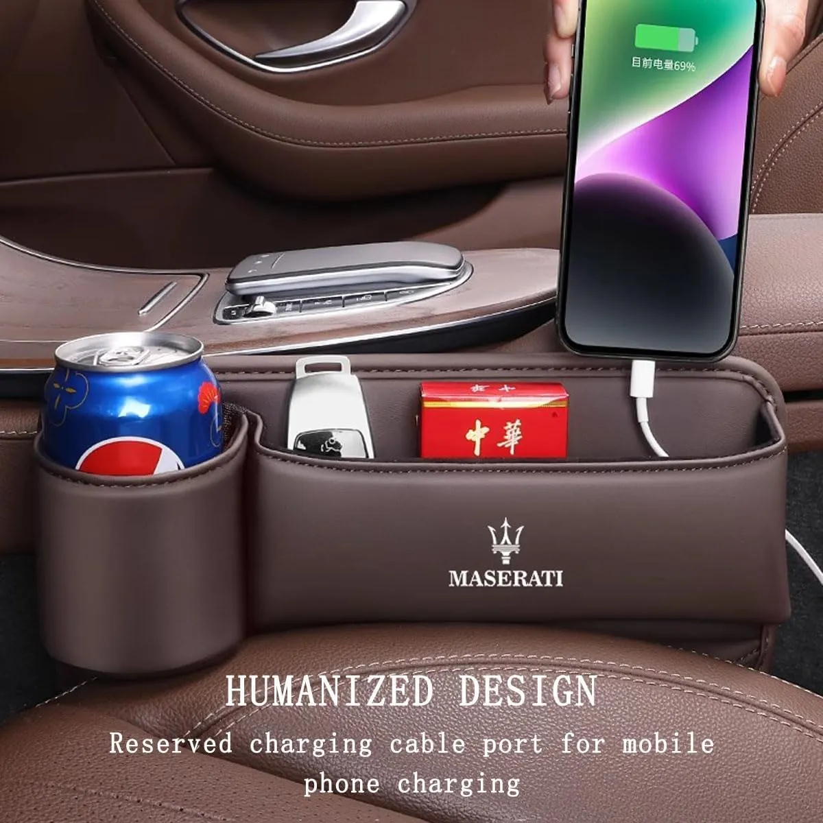 Car Seat Storage Box for Maserati Ghibli Levante Quattroporte Series Car Seat Gap Organizer Seat Side Bag Reserved Charging Cable Hole Car Accessories,Beige-B