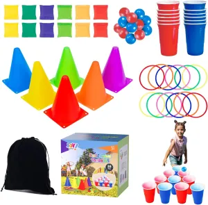 Carnival Outdoor Games Combo Set for Kids, Soft Plastic Cones Bean Bags Ring Toss Game, Activity Agility Set,Field Day Family Reunion Yard Lawn, Birthday Party Easter, Spring Fall Game