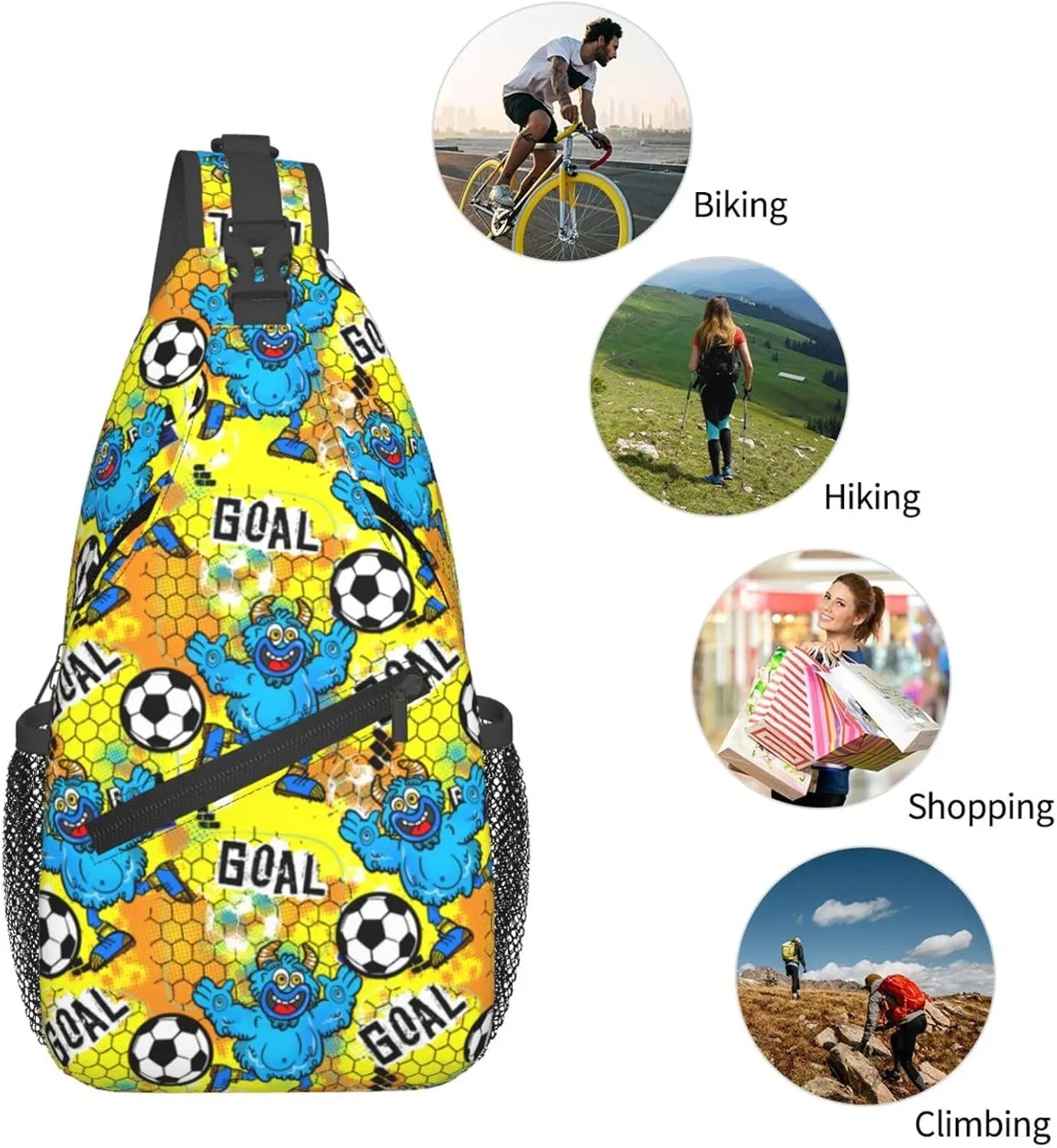 Cartoon Blue Monsters Play Soccer Goal Chest Sling Bag Crossbody Shoulder Backpack Bag Gym Cycling Daypack Travel Hiking Cross Bag