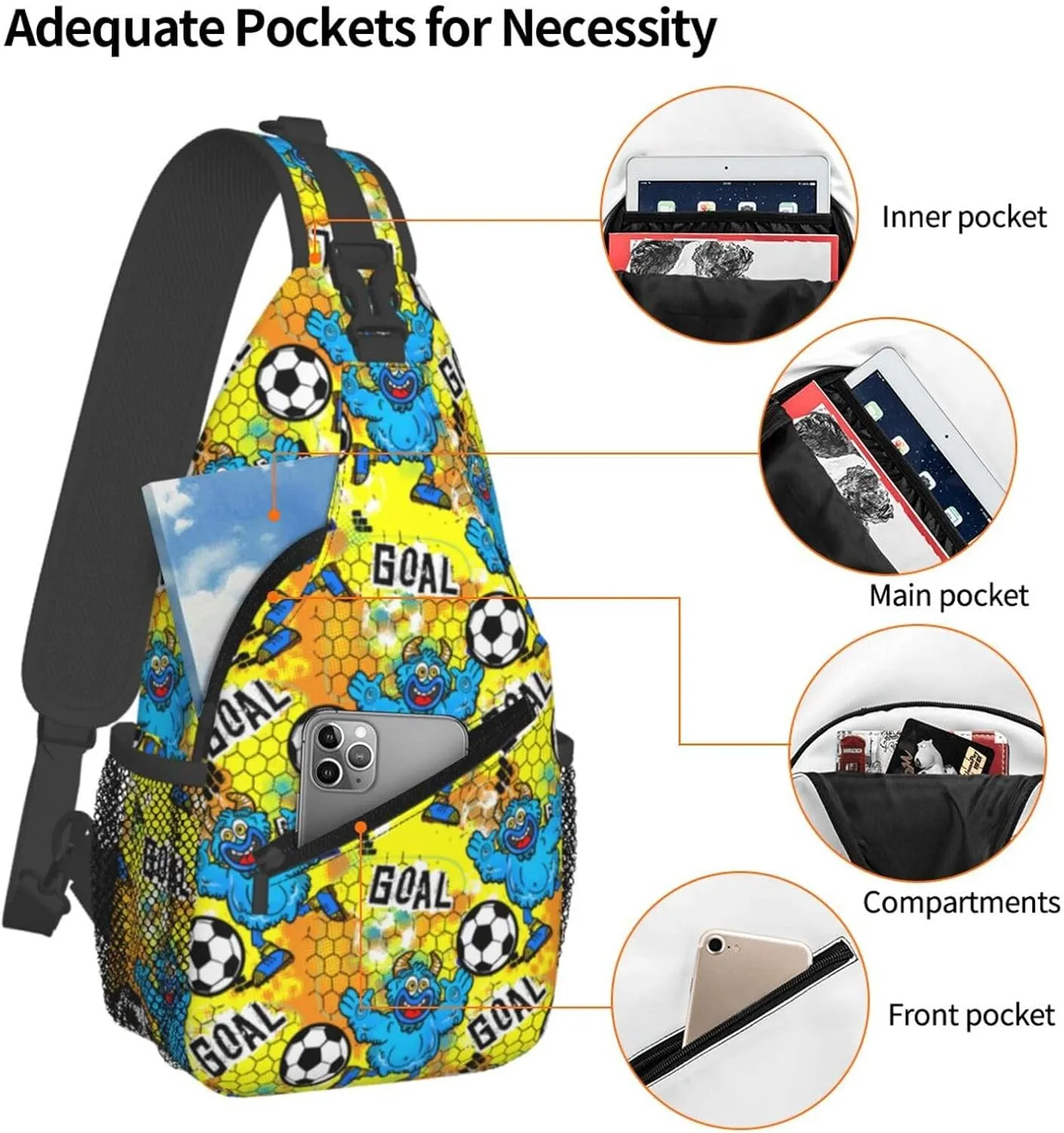 Cartoon Blue Monsters Play Soccer Goal Chest Sling Bag Crossbody Shoulder Backpack Bag Gym Cycling Daypack Travel Hiking Cross Bag