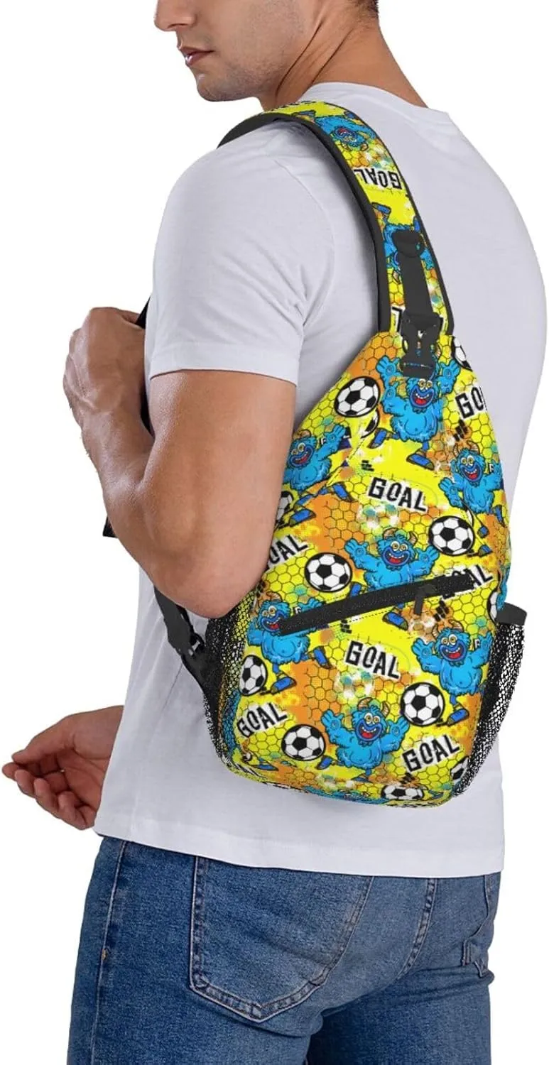 Cartoon Blue Monsters Play Soccer Goal Chest Sling Bag Crossbody Shoulder Backpack Bag Gym Cycling Daypack Travel Hiking Cross Bag