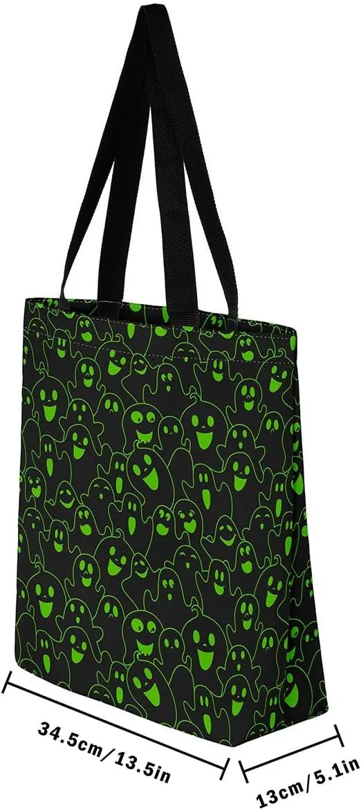 Cartoon Ghost Canvas Tote Bag for Women,Halloween Pumpkin Decorations Gothic Large Capacity Gym Bag
