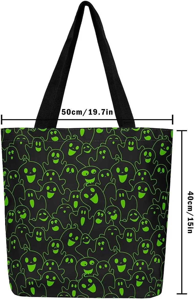 Cartoon Ghost Canvas Tote Bag for Women,Halloween Pumpkin Decorations Gothic Large Capacity Gym Bag