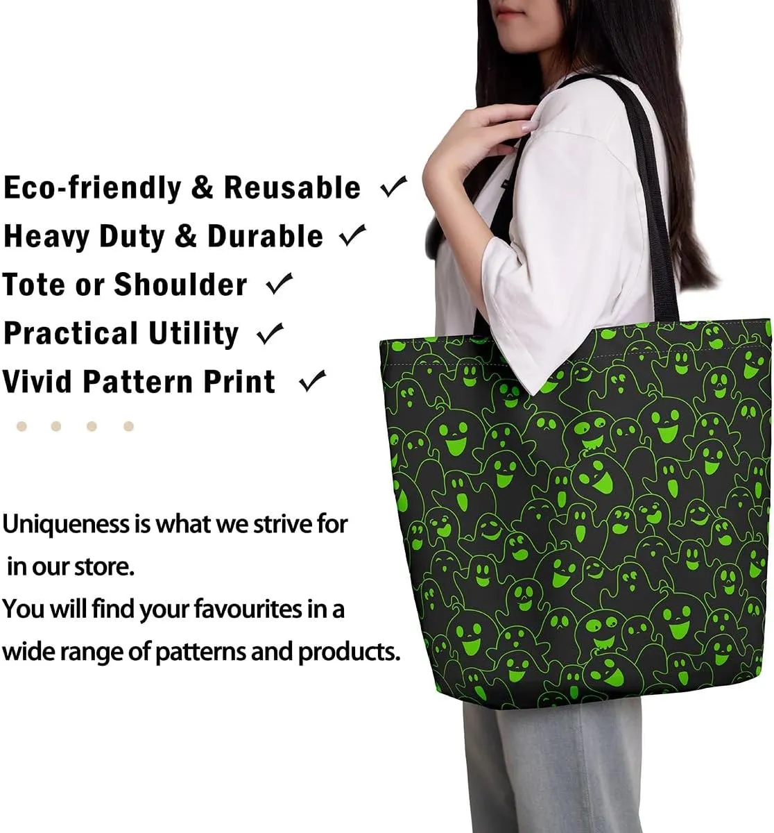 Cartoon Ghost Canvas Tote Bag for Women,Halloween Pumpkin Decorations Gothic Large Capacity Gym Bag