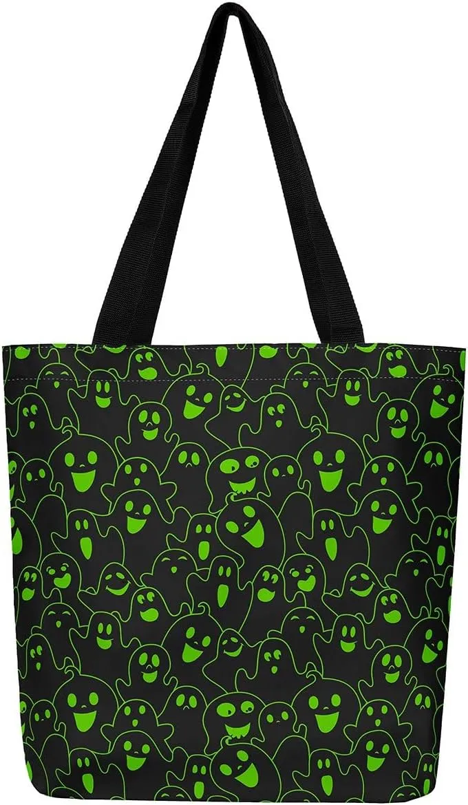Cartoon Ghost Canvas Tote Bag for Women,Halloween Pumpkin Decorations Gothic Large Capacity Gym Bag