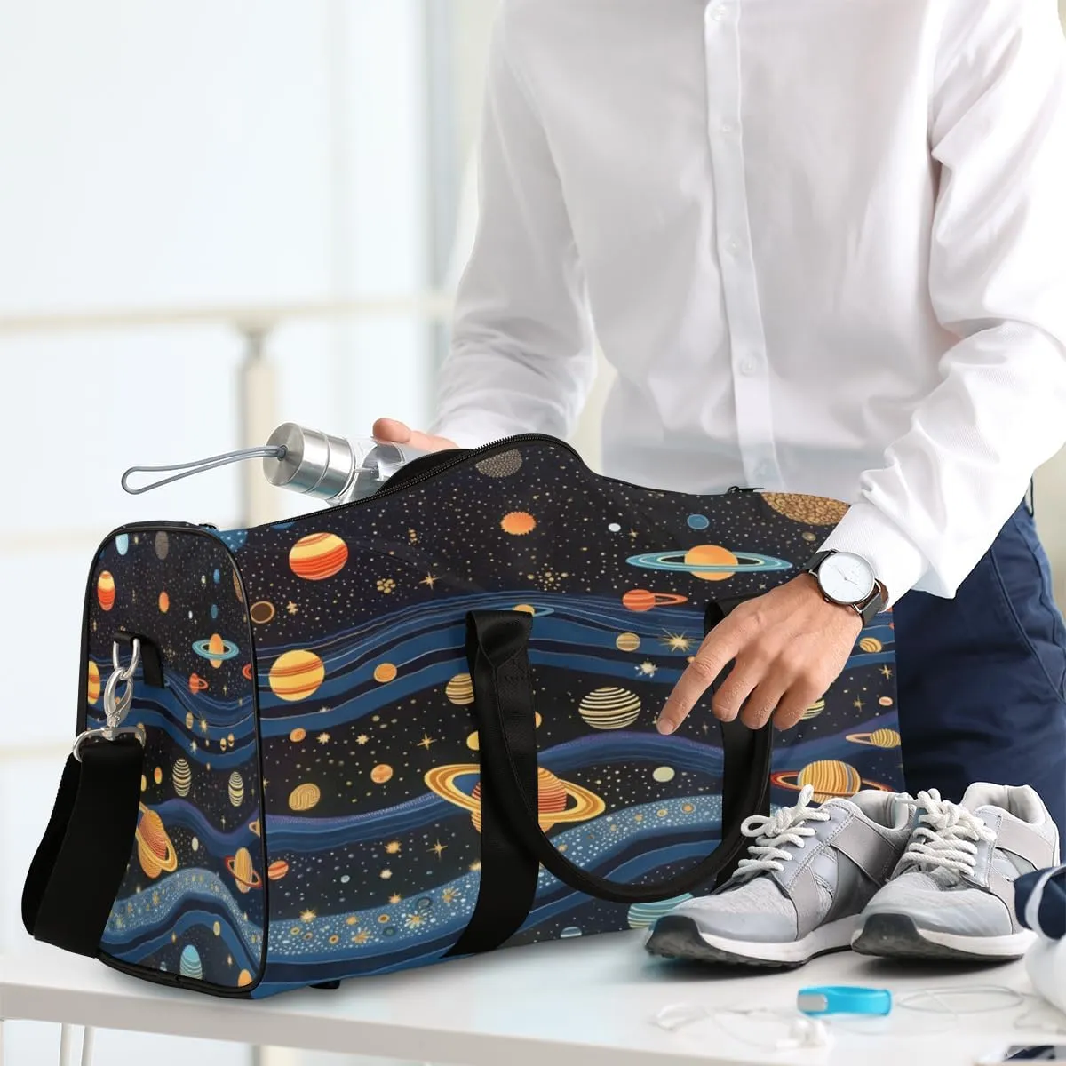 Cartoon Planet Travel Duffle Bag, Sports Gym Bags for Women Men, Carry On Weekender Overnight Bag, Cute Universe Galaxy Space Workout Hospital Airplane Trips Bag