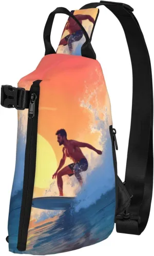 Cartoon Sunset Surfing Sling Bag Crossbody Backpack For Women Men, Lightweight Adjustable Waist Bag Chest Bag Daypack Purses For Outdoor Travel Hiking Sports