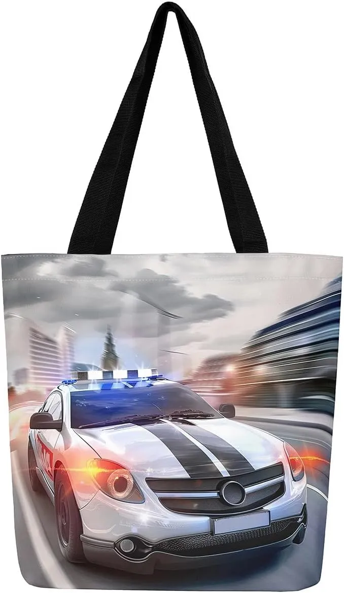 Cartoon Vehicle Canvas Tote Bag,Racing Car Foldable Beach Bag Kids Extreme Sports Reusable Grocery Shoulder Bag