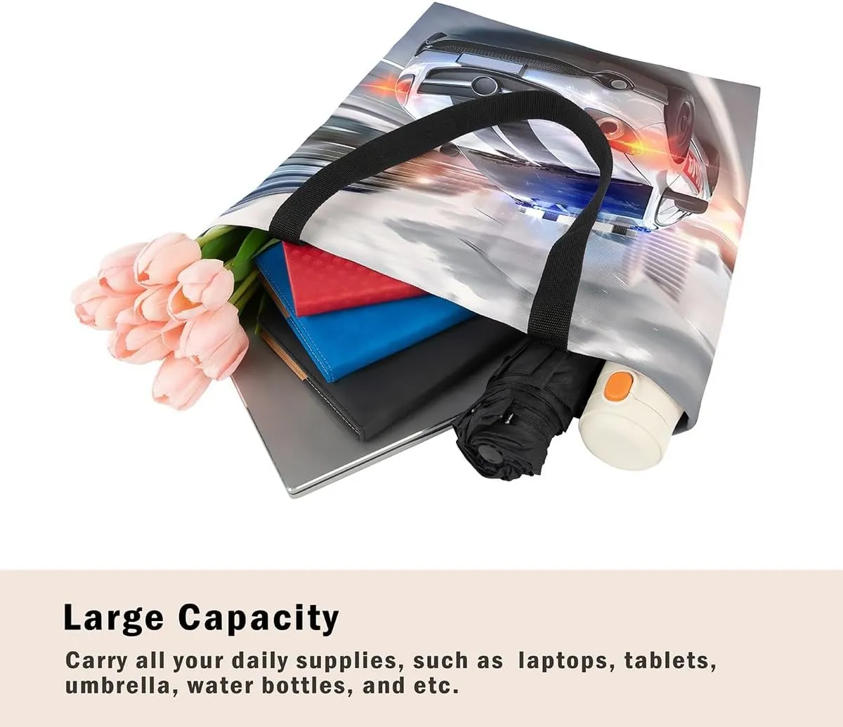 Cartoon Vehicle Canvas Tote Bag,Racing Car Foldable Beach Bag Kids Extreme Sports Reusable Grocery Shoulder Bag