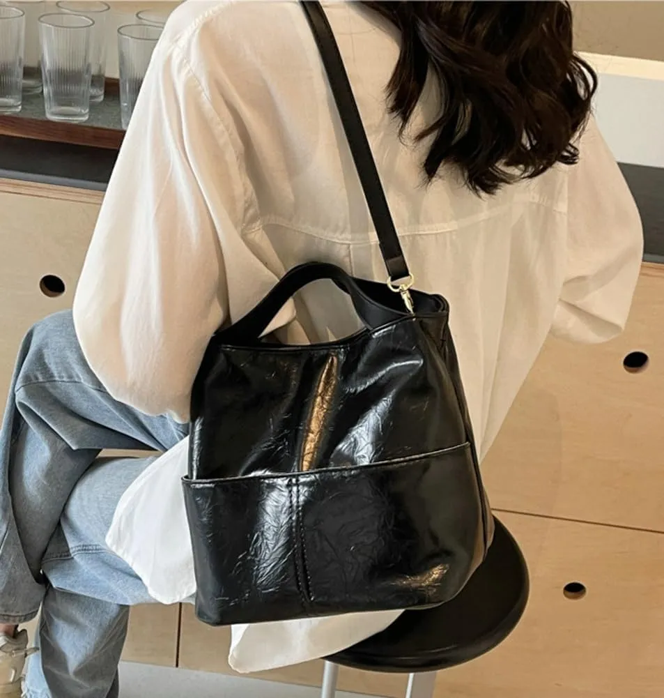 Casual Bucket Crossbody Shoulder Bag for Women Small Tote Purse Vegan Leather Handbag Cute Satchel