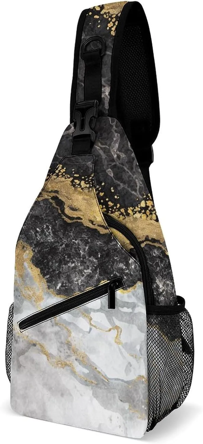 Casual Sling Bag Backpack, Daypack, Gold Black Marble Art Shoulder Chest Crossbody Bag, Bookbag, Travel Backpack Camping Outdoor Bag for Man/Women/College
