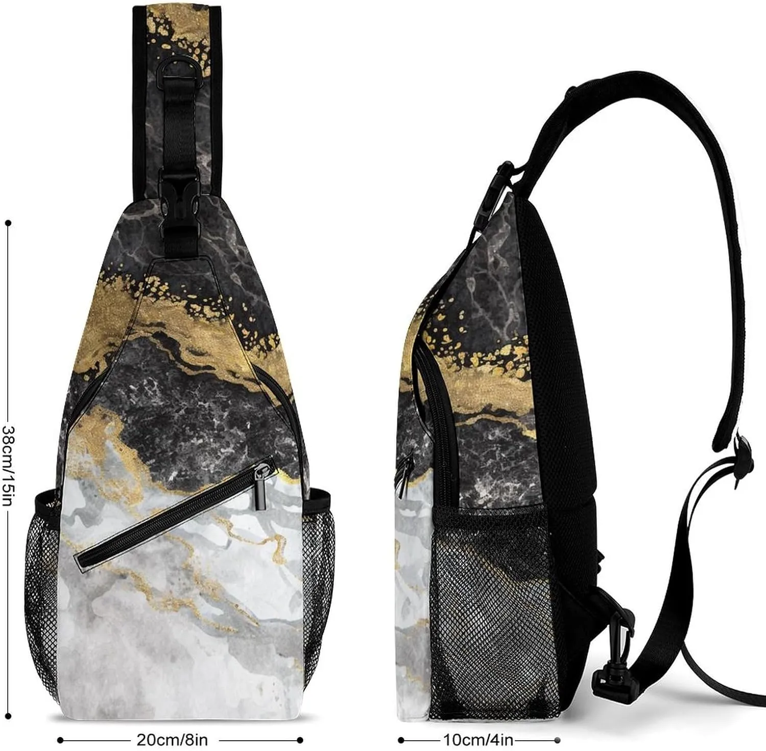 Casual Sling Bag Backpack, Daypack, Gold Black Marble Art Shoulder Chest Crossbody Bag, Bookbag, Travel Backpack Camping Outdoor Bag for Man/Women/College