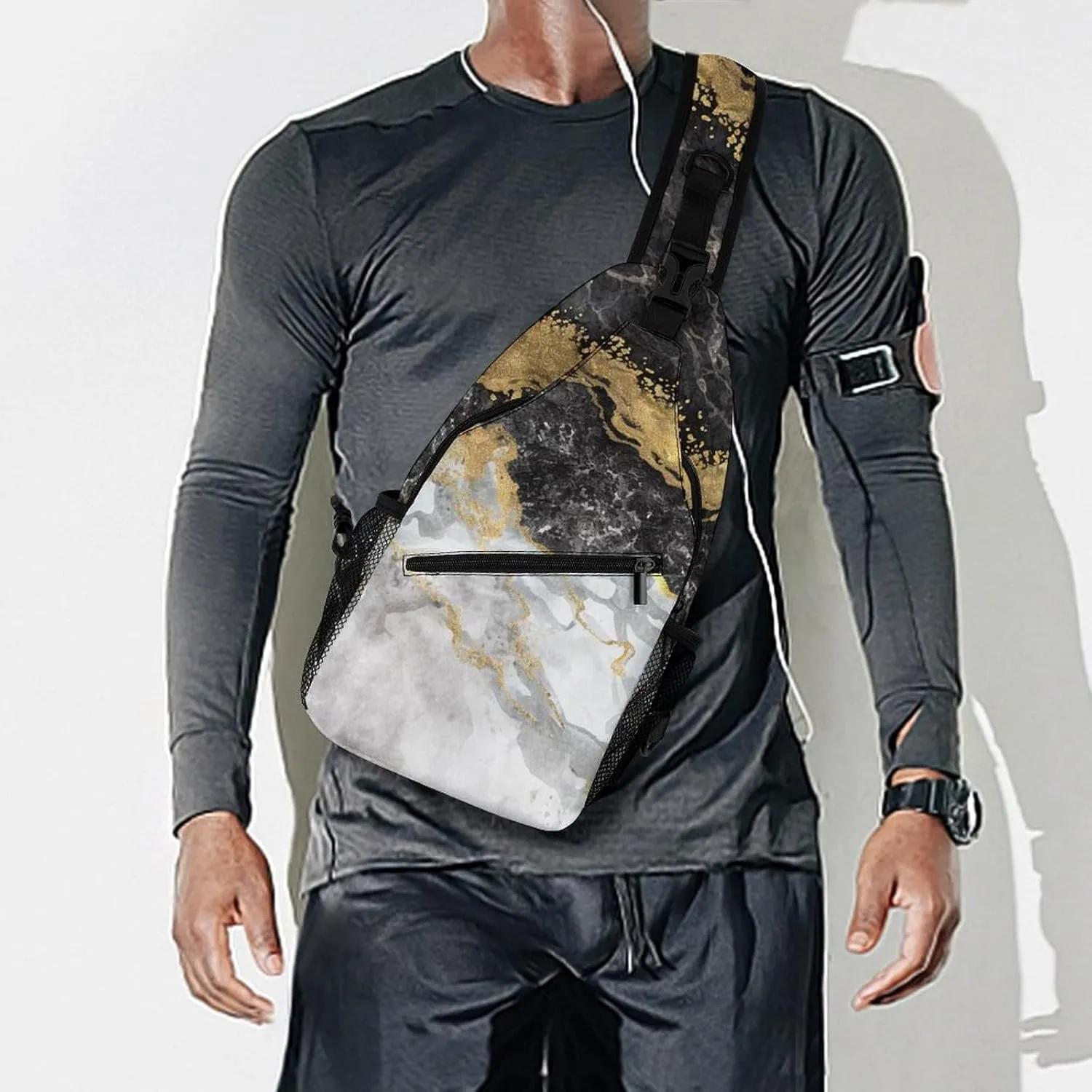 Casual Sling Bag Backpack, Daypack, Gold Black Marble Art Shoulder Chest Crossbody Bag, Bookbag, Travel Backpack Camping Outdoor Bag for Man/Women/College