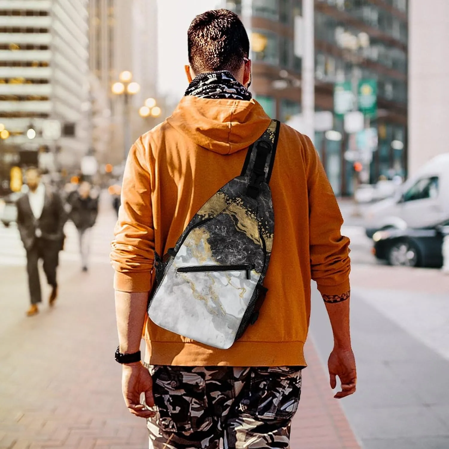 Casual Sling Bag Backpack, Daypack, Gold Black Marble Art Shoulder Chest Crossbody Bag, Bookbag, Travel Backpack Camping Outdoor Bag for Man/Women/College