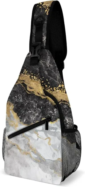 Casual Sling Bag Backpack, Daypack, Gold Black Marble Art Shoulder Chest Crossbody Bag, Bookbag, Travel Backpack Camping Outdoor Bag for Man/Women/College