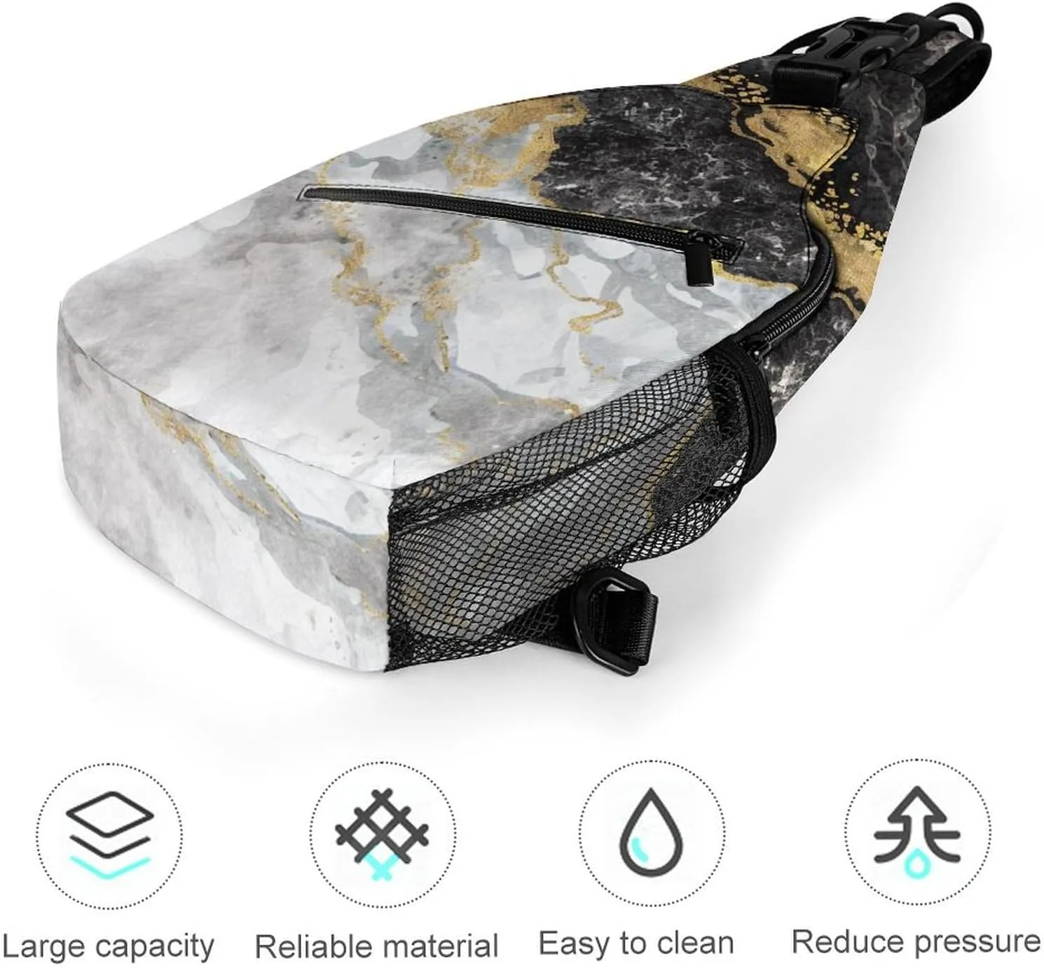 Casual Sling Bag Backpack, Daypack, Gold Black Marble Art Shoulder Chest Crossbody Bag, Bookbag, Travel Backpack Camping Outdoor Bag for Man/Women/College