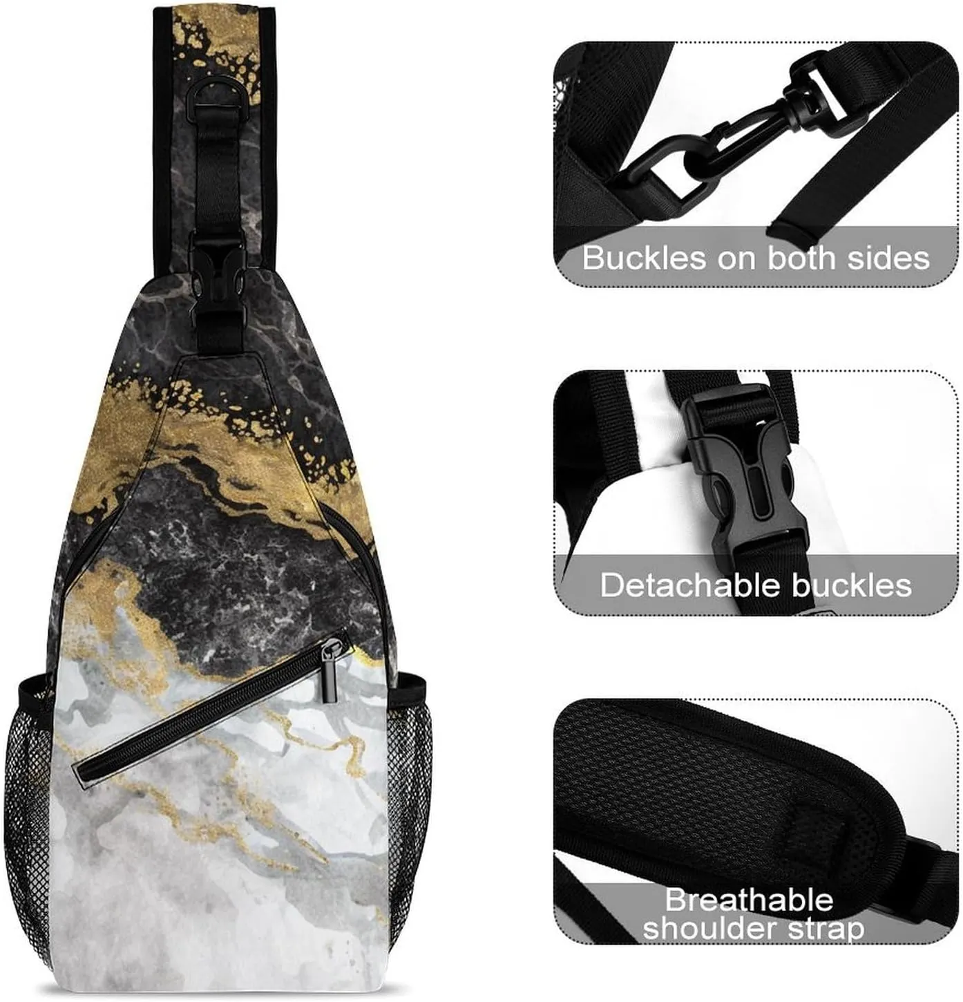 Casual Sling Bag Backpack, Daypack, Gold Black Marble Art Shoulder Chest Crossbody Bag, Bookbag, Travel Backpack Camping Outdoor Bag for Man/Women/College