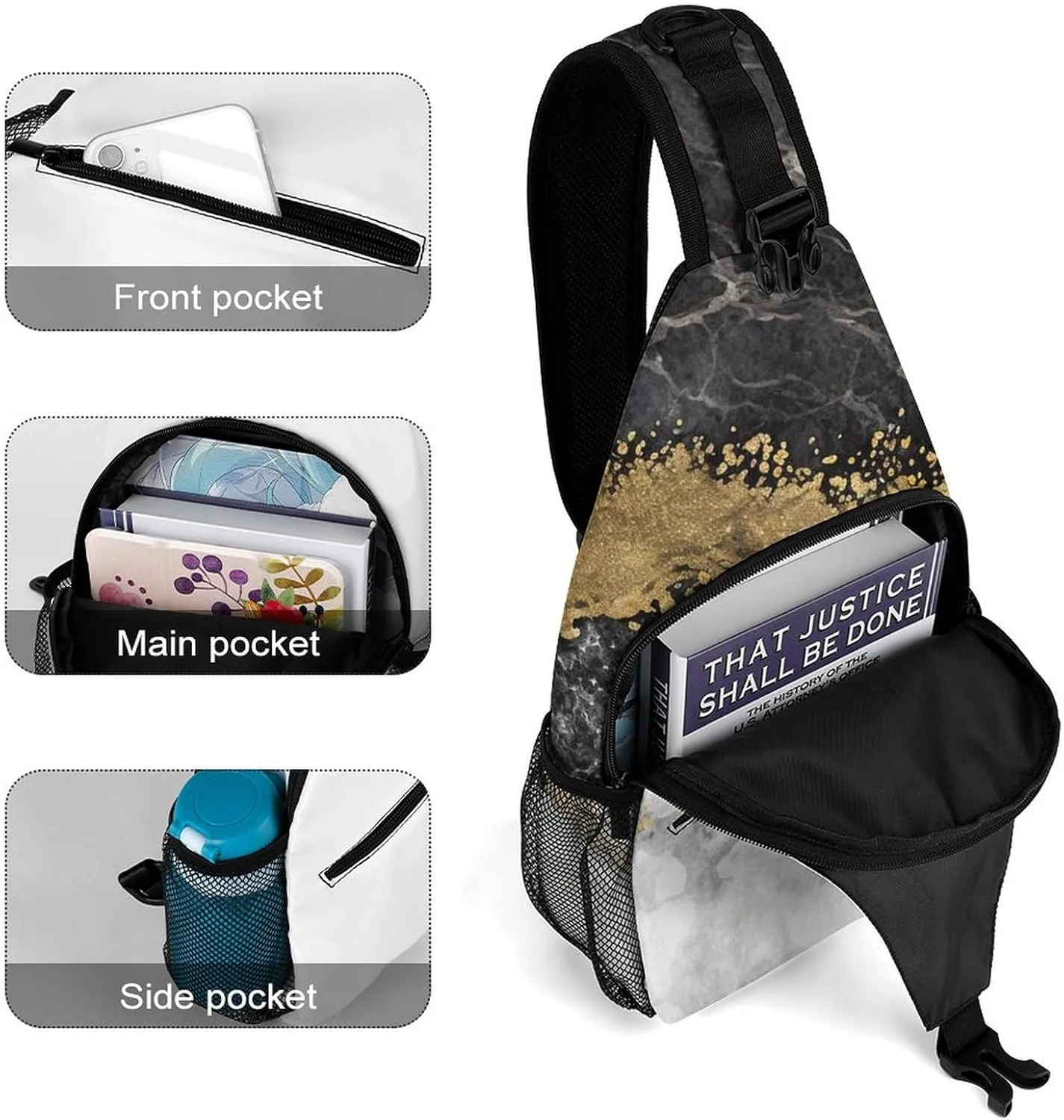 Casual Sling Bag Backpack, Daypack, Gold Black Marble Art Shoulder Chest Crossbody Bag, Bookbag, Travel Backpack Camping Outdoor Bag for Man/Women/College