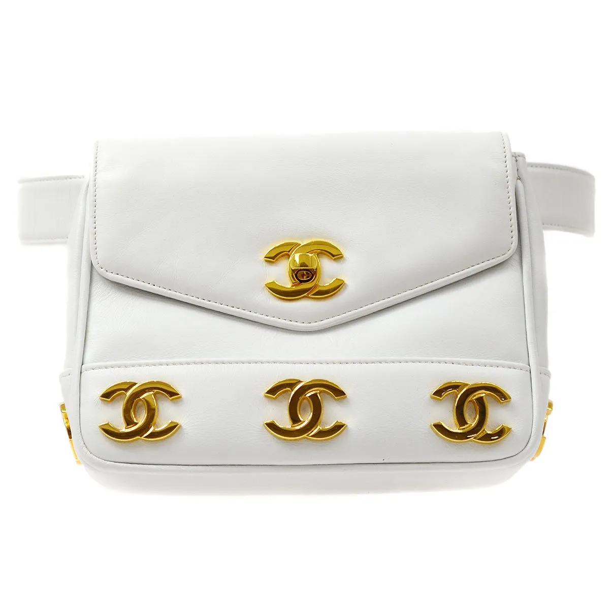 CHANEL 1991-1994 White Lambskin Triple CCs Belt Bag #85