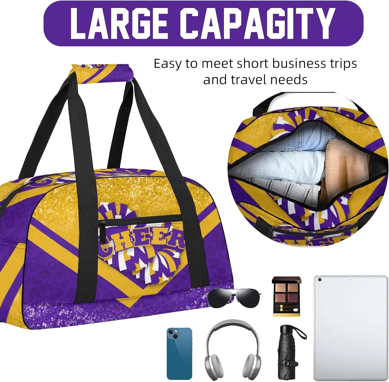 Cheer Duffle Bag for Cheerleaders, Cheerleading Gym Bag for Women, Carry on Weekender Bags, Travel Bag Duffel Bag (Gold&Purple)
