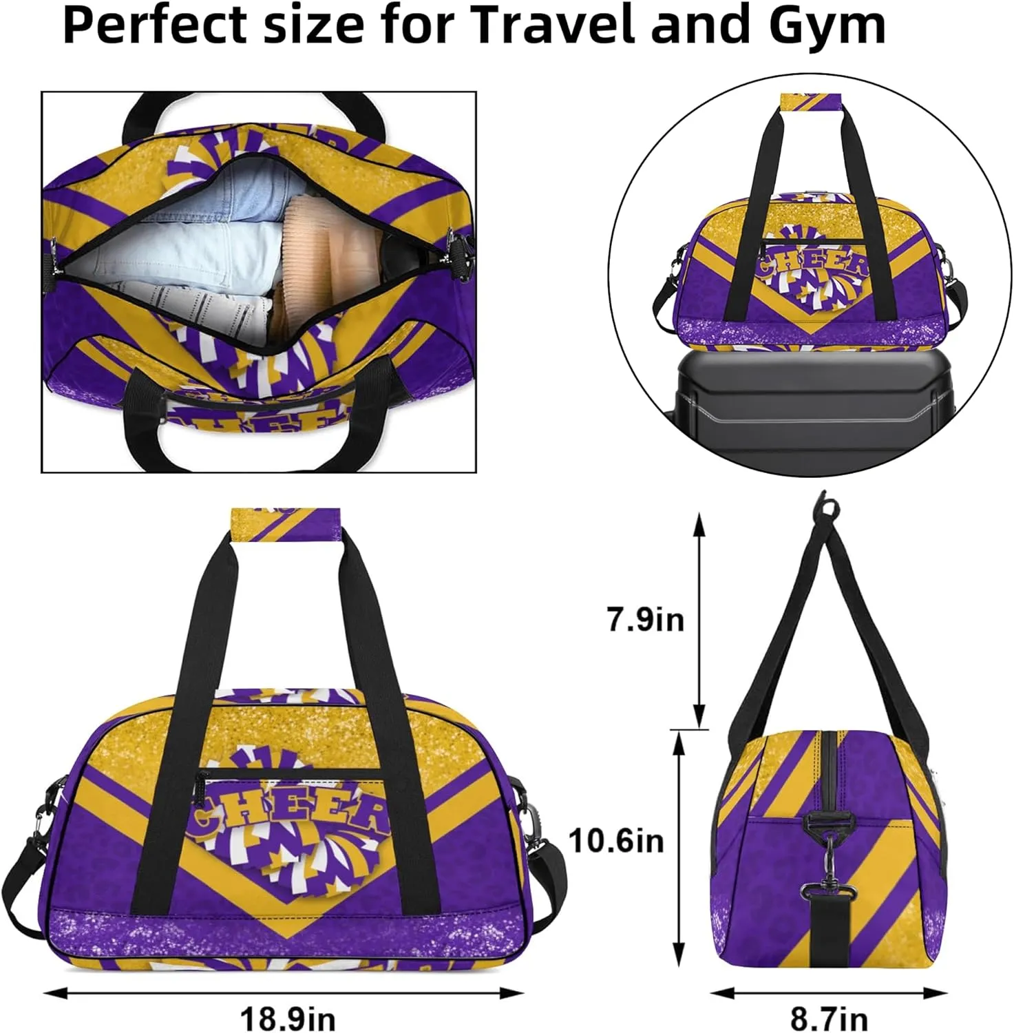 Cheer Duffle Bag for Cheerleaders, Cheerleading Gym Bag for Women, Carry on Weekender Bags, Travel Bag Duffel Bag (Gold&Purple)