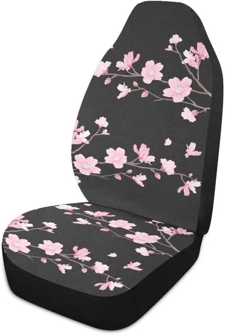 Cherry Blossom Car Seat Covers Set of 2,Japanese Pink Flowers Print Tree Branches with Falling Petals Universal Auto Front Seat Protector for Women Cute Car Accessories Fit for Car SUV Truck