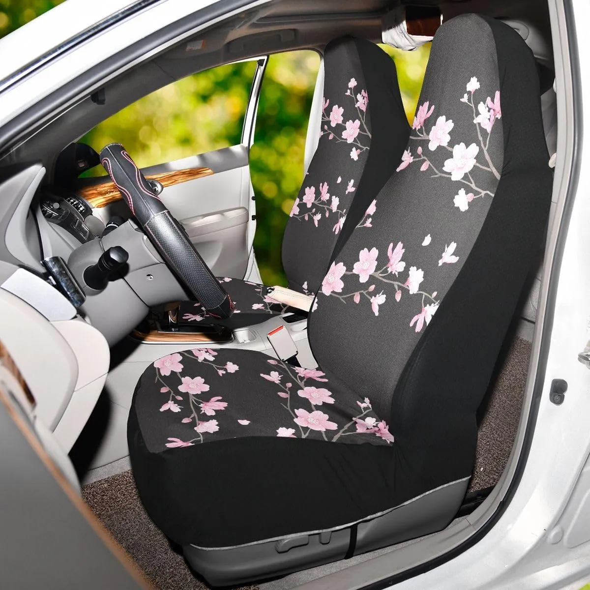 Cherry Blossom Car Seat Covers Set of 2,Japanese Pink Flowers Print Tree Branches with Falling Petals Universal Auto Front Seat Protector for Women Cute Car Accessories Fit for Car SUV Truck