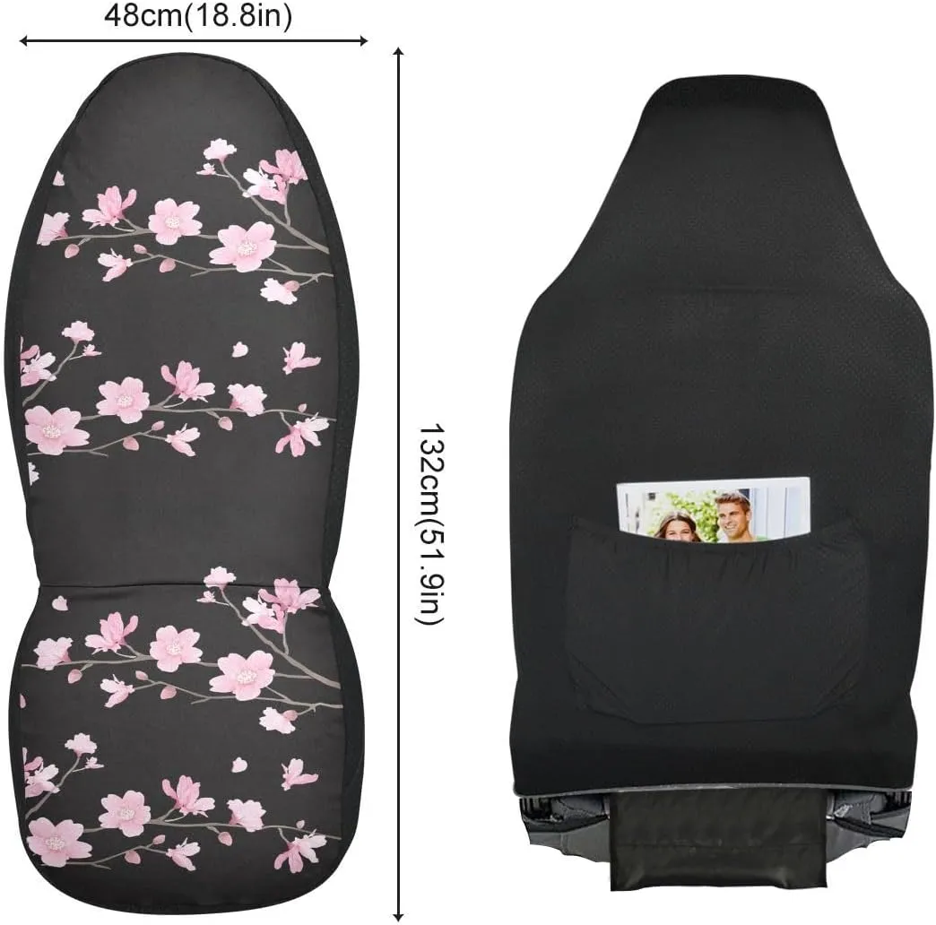 Cherry Blossom Car Seat Covers Set of 2,Japanese Pink Flowers Print Tree Branches with Falling Petals Universal Auto Front Seat Protector for Women Cute Car Accessories Fit for Car SUV Truck