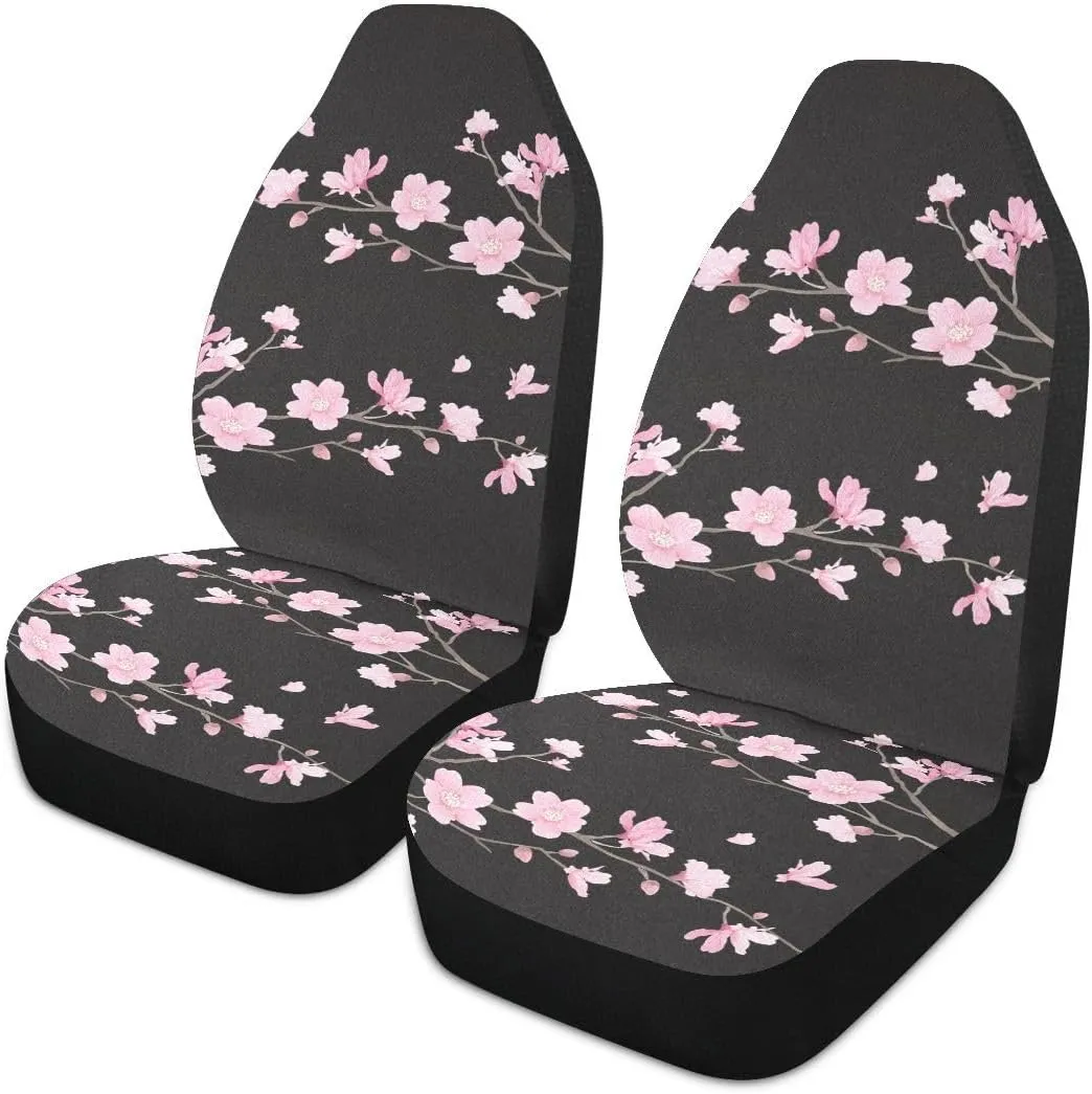 Cherry Blossom Car Seat Covers Set of 2,Japanese Pink Flowers Print Tree Branches with Falling Petals Universal Auto Front Seat Protector for Women Cute Car Accessories Fit for Car SUV Truck